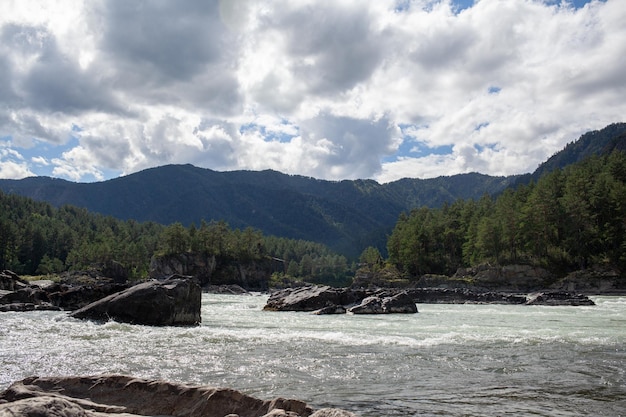 A fast-flowing wide and full-flowing mountain river. Large rocks stick out of the water.