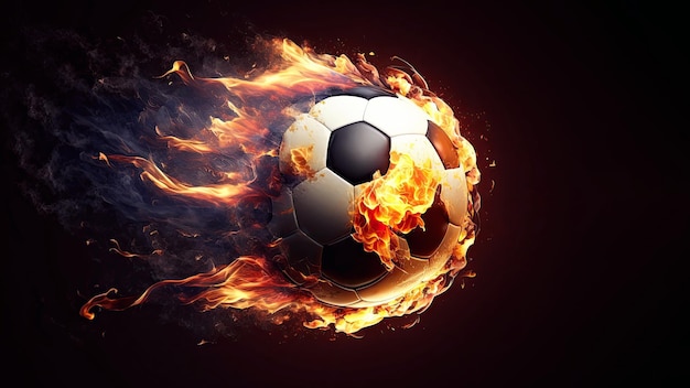 Fast flying burning soccer ball on fire with sparks on a black background