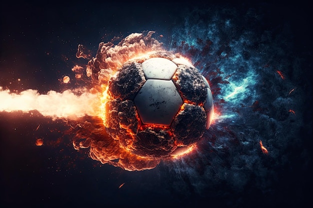 Fast flying burning soccer ball on fire with sparks on a black background