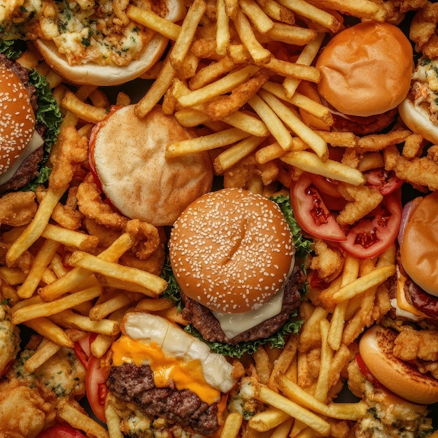 fast food assortment background top view filling the entire image