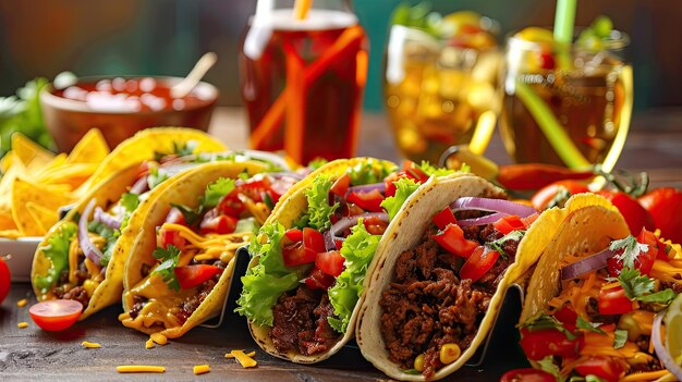 Photo fast food assortment featuring tacos nachos and soft drinks ideal for a quick and tasty dining experience