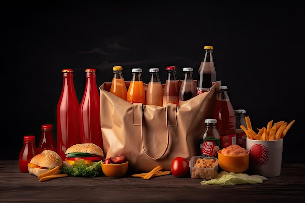 Fast food bag filled with different condiments and sauces for creative photo shoot