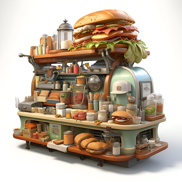 Fast food cart with hamburger cheeseburger and other fast food 3D rendering