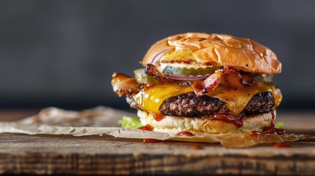 Fast food cheeseburger on table delicious with appetizing toppings