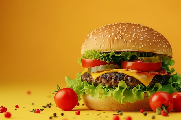 Fast food concept a huge hamburger with cheese lettuce leaves and tomatoes on yellow background