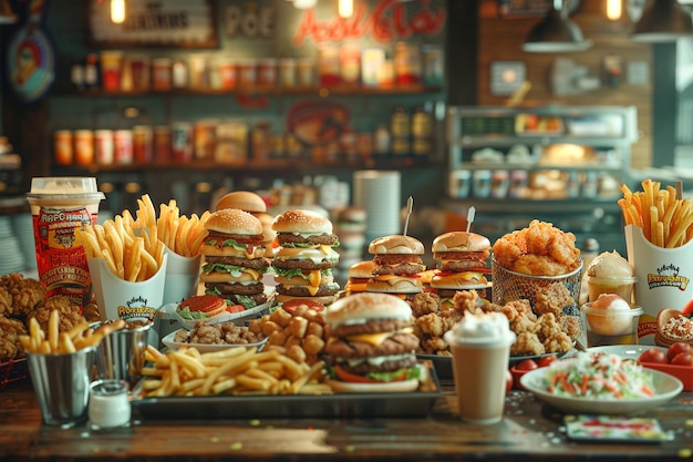 Fast food many items on the table Different types of cheese burger sandwich french fries drinks