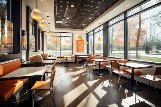 Fast food restaurant with modern decor sleek furniture and large windows