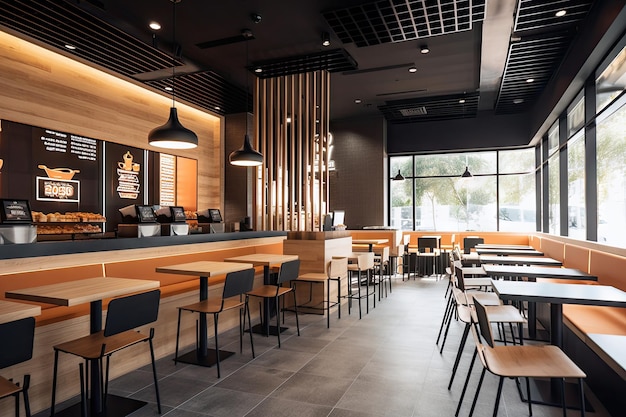 Fast food restaurant with modern minimalist interior and sleek furniture