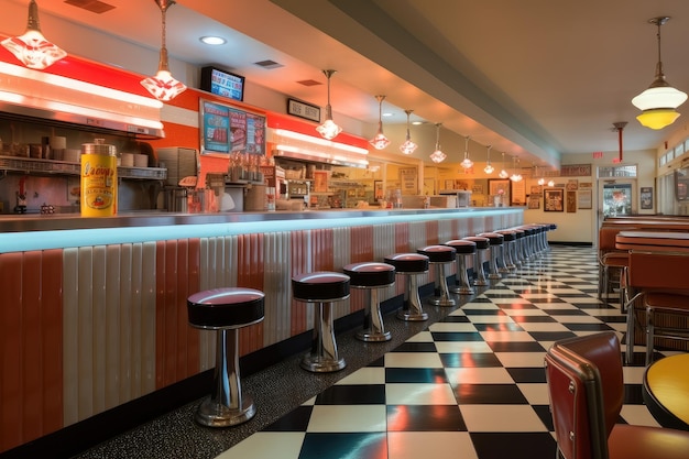 Fast food restaurant with retro decor featuring oldfashioned soda fountains and jukeboxes