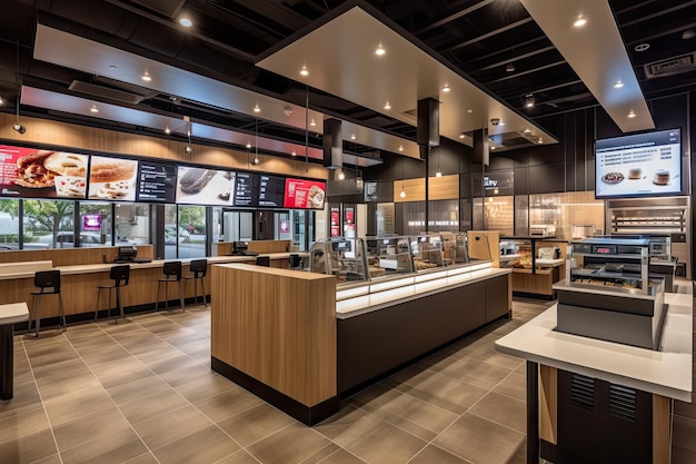 Fast food restaurant with sleek modern design and touchscreen ordering kiosks