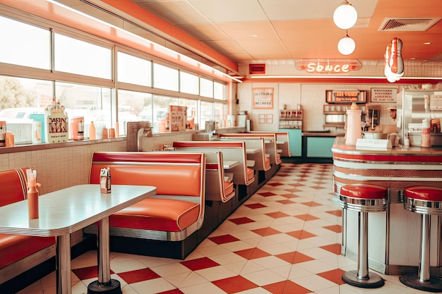 Fast food restaurant with vintage interior including retro furniture and signage