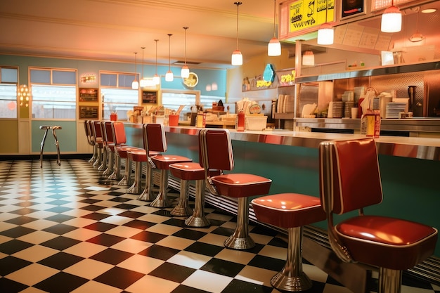 Fast food restaurant with vintage interior including retro furniture and signage