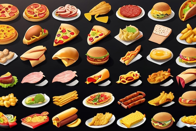 Fast food street food 3d vector icon set Pizza roasted turkey hamburger