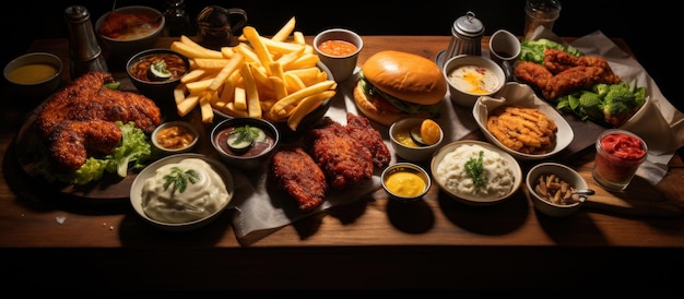 Fast food on a wooden table in a restaurant Restaurant menu