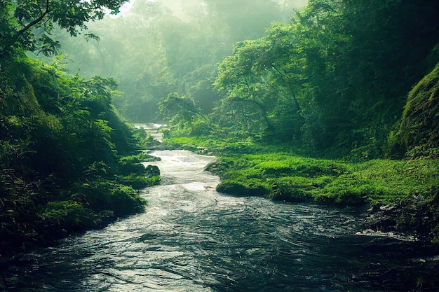 Fast mountain river flowing among green fells and trees