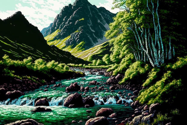 Fast mountain river flowing among green fells and trees