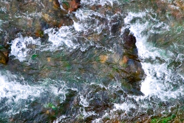 Fast mountain stream among rocks and plants a top view