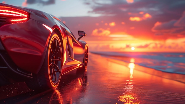 Fast sports car on a scenic coastal route at sunset ocean reflecting the warmth of the sky high resolution