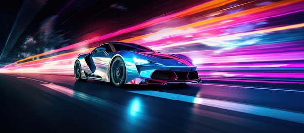 Fast supercar driving at high speed with stunning neon city lights glowing in the background Motion blur effect speed neon lights Generative AI