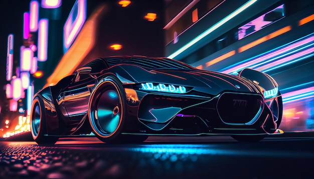 Fast supercar driving at high speed with stunning neon lights city glowing in the background Motion blur effect speed