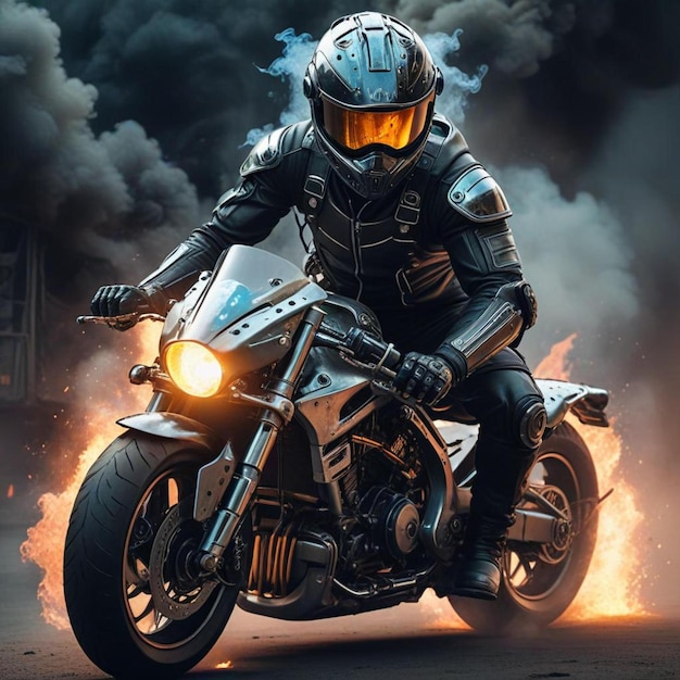 fastest and futuristic motorcycle popping out of fire and