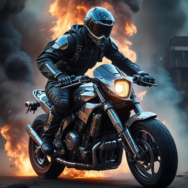 fastest and futuristic motorcycle popping out of fire and