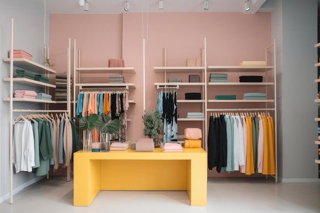 Fastfashion store with racks of colorful clothing and reusable shopping bag