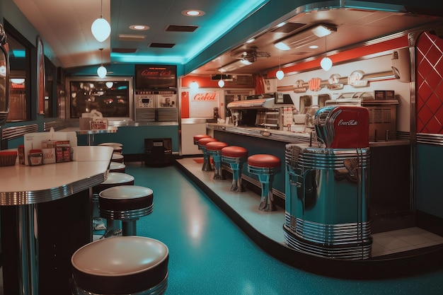 Fastfood restaurant with s diner theme jukebox playing in the background