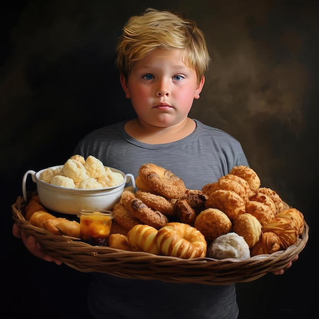 Fat boy holding a tray of junk food