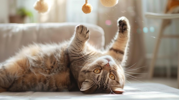 A fat cat lying on its back playing with a hanging toy above it looking relaxed and happy in a bright airy room