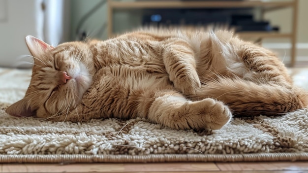 A fat cat napping on a soft rug with its body fully stretched out and looking utterly relaxed