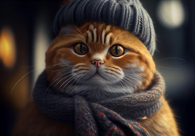 Fat cat in warm clothes in winter