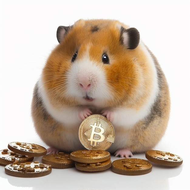 A fat hamster near a pile of bitcoin coins, a symbol of cryptocurrency, stock trading,