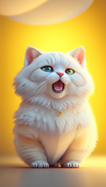 A fat kitten with pure white fur peeked cheerfully behind the halfbodied yellow wall