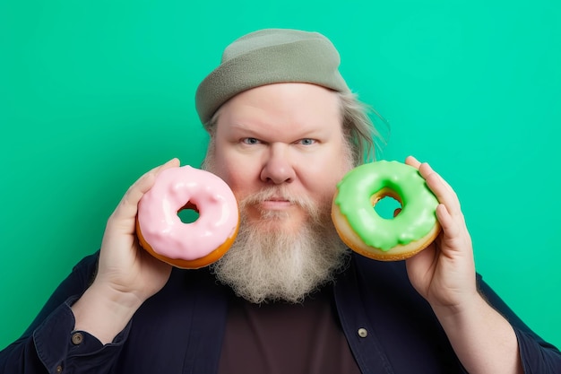 Fat man holding two donuts in his hands Generative AI illustration