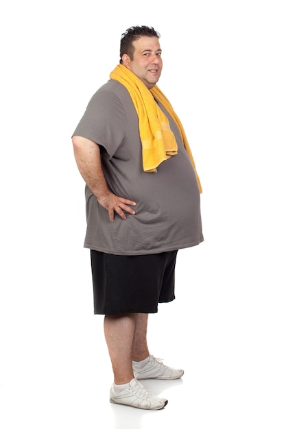 Fat man playing sport isolated on a white background