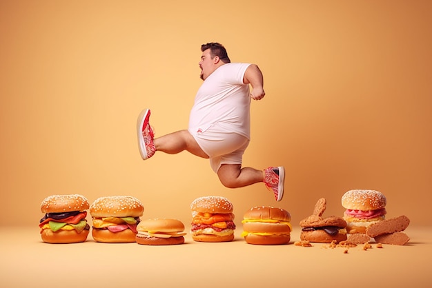 Fat man run away from hamburger for lose weight Concept illustration about diet