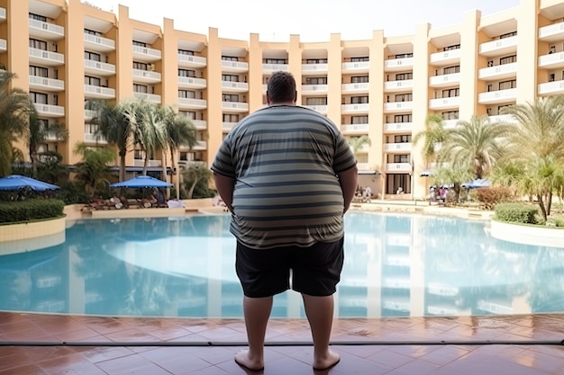 Fat man at summer vacations near swimming pool Obesity problem Generative AI