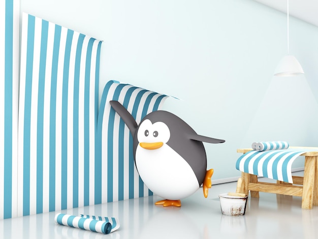 Fat penguin attaching wallpaper 3D render