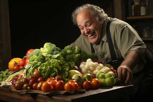 Fat plussize man with a plate of lettuce and vegetables