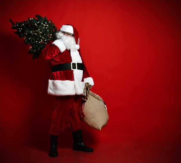 Photo fat santa claus hurries for the holiday to you. he carries a christmas tree on his shoulder and a large bag full of gifts. on a red background.