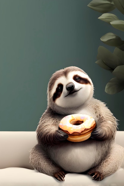 Fat sloth sits on the couch with a donut