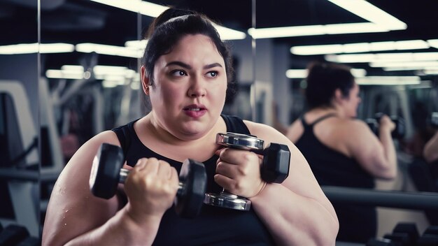 Fat woman dieting fitness portrait of obese woman working out in gym