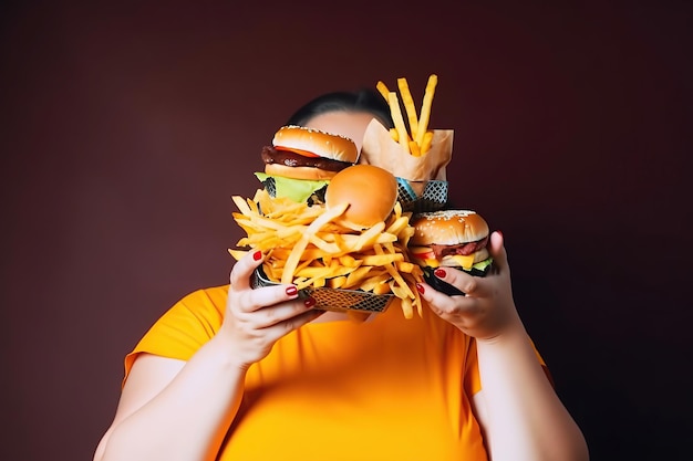 Fat woman eating unhealthy food generative ai