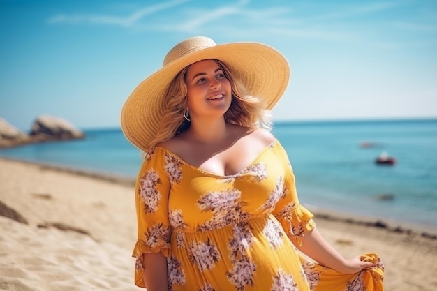 A fat woman enjoys her vacation sitting relaxing on the beach In the background the beach and sea