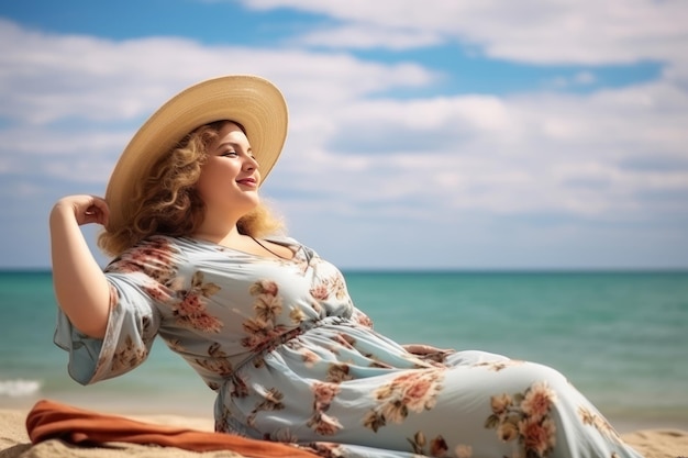 A fat woman enjoys her vacation sitting relaxing on the beach In the background the beach and sea