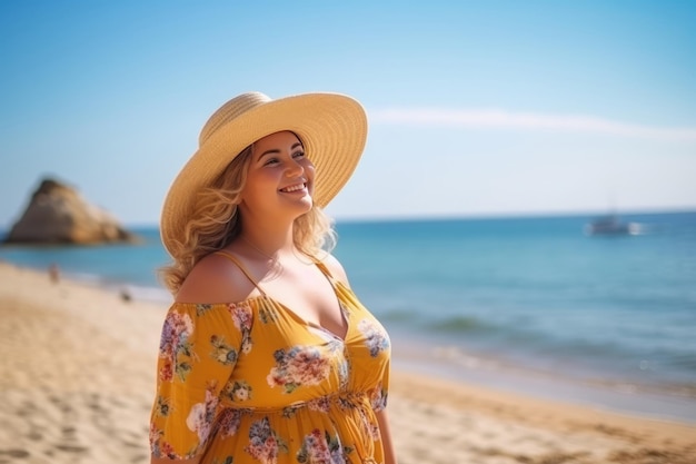 A fat woman enjoys her vacation sitting relaxing on the beach In the background the beach and sea