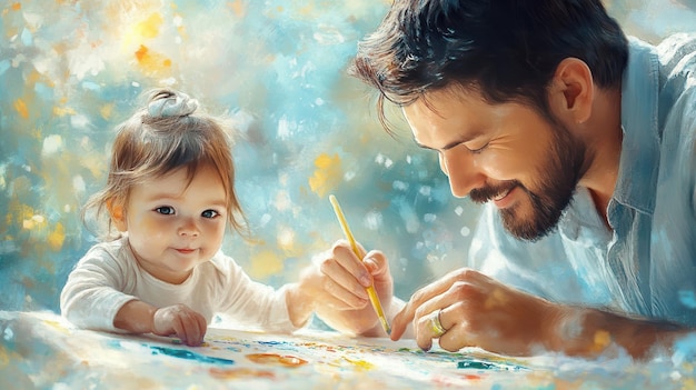 Photo father and baby explore creativity through finger painting in a bright playful setting