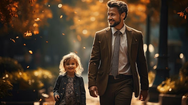 Father in business suit walking with his child Daughter To School Along Path in the city Happy Father's Day concept background Love family