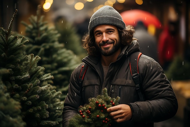 father carrying evergreen christmas tree from market to his home